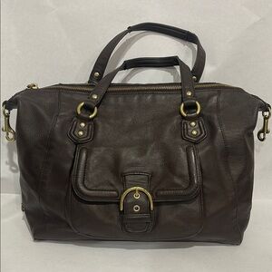 Sophisticated Brown Leather Travel Bag with Gold Accents by Coach